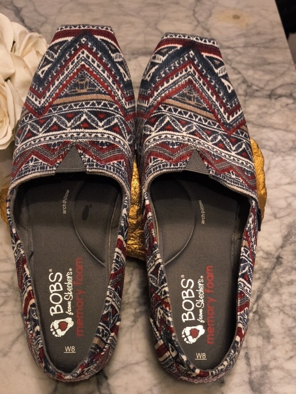 Skechers BOBS Women's Aztec Deep Red, Blue, Grey, Tan, WhitMemory Foam Canvas - Picture 2 of 8